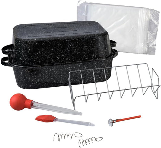 Granite Ware 25 lb Rectangular Roaster Set (10pcs), includes Lid, V-Rack, 2 pack brining bags, oven/grill-safe meat Thermometer, Turkey Baster with sylicon bulb, small brush