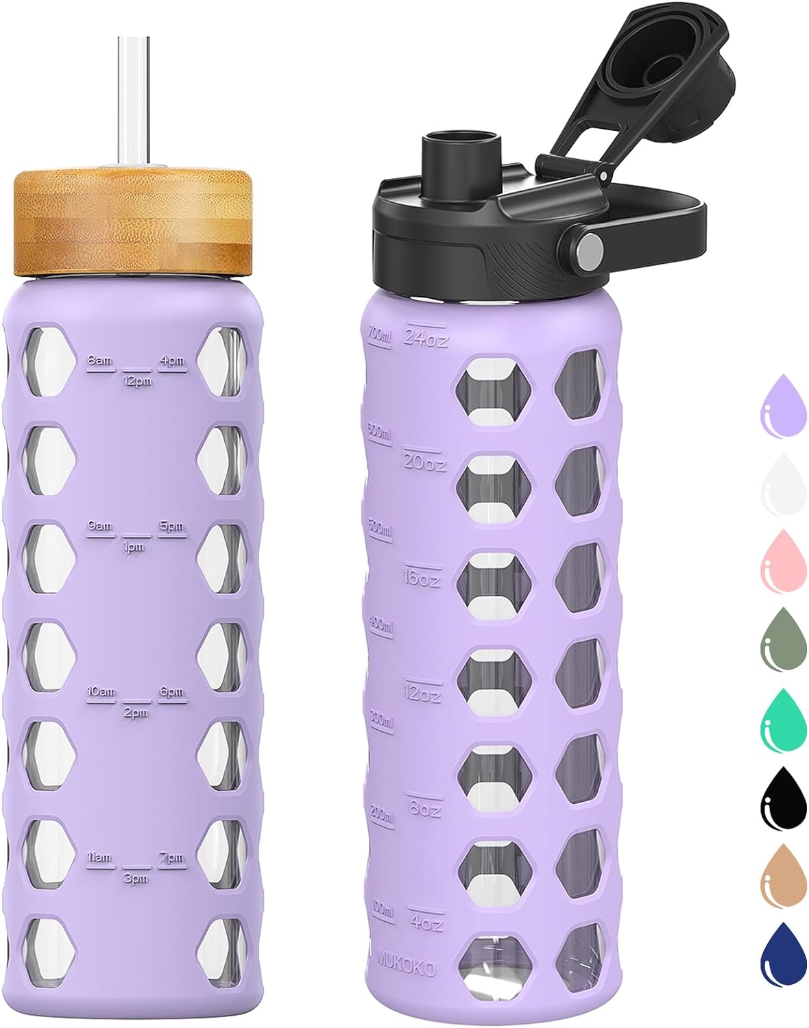 MUKOKO Glass Water Bottles, 24oz Glass Tumbler with Straw, Drinking Bottles with 2 Lids-Handle Spout Lid&Bamboo Straw Lid, Motivational Water Bottle with Time Marker and Silicone Sleeve, 1 Pack-Purple