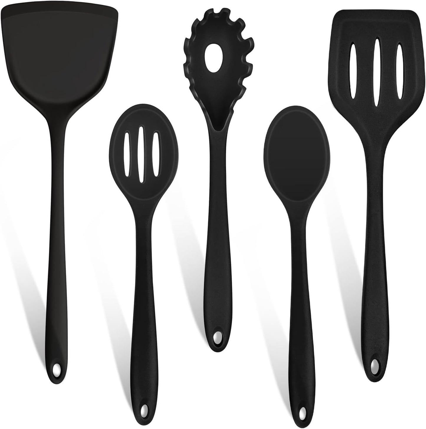TeamFar Silicone Cooking Utensils Set of 5, Kitchen Utensils Solid & Slotted Spoons Turners Pasta Server for Nonstick Cookware, Healthy & Heat-Resistant, Seamless & Non-Scratch, Dishwasher Safe, Black