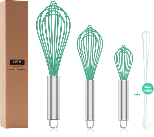 Teal Silicone Whisk, Professional Silicone Whisks For Cooking Non Scratch, Stainless Steel & Silicone Wisk,Plastic Rubber Whisk Tool for Nonstick Cookware Pans, Silicon Wisks Set of 3, Aqua