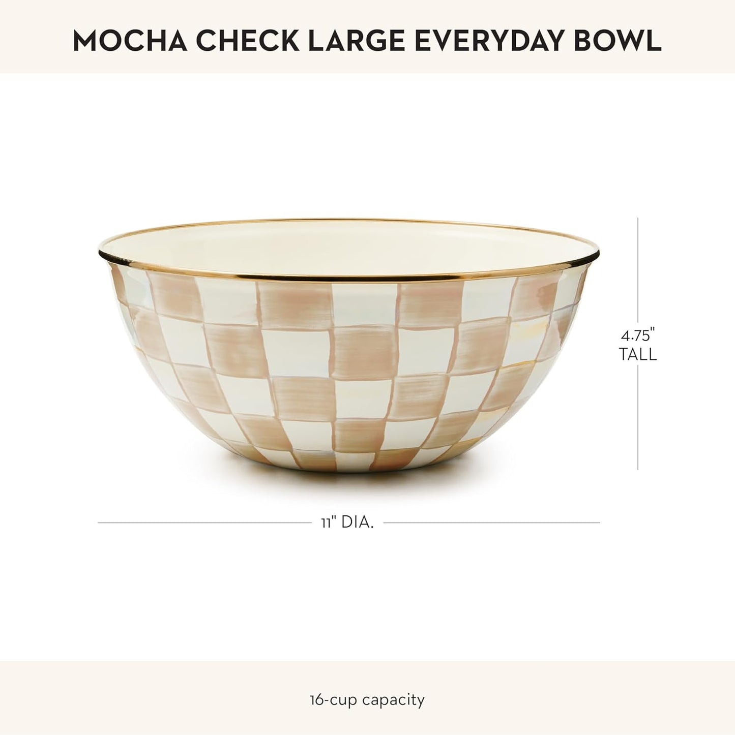 MACKENZIE-CHILDS Enamel Everyday Bowl, Serving Bowl for Entertaining, Large, Brown-and-White Mocha Check