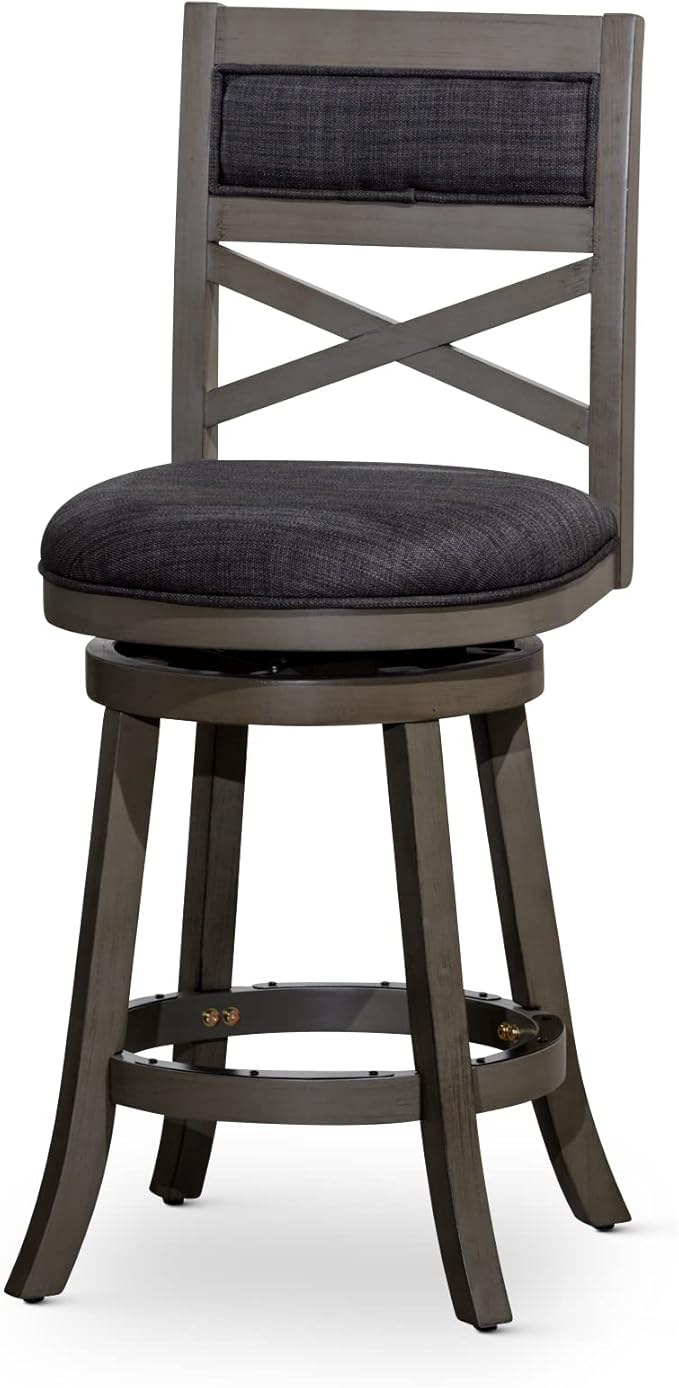 DTY Indoor Living Meeker X Back Fabric Swivel Stool, 30” Bar Height, Weathered Grey Finish, Charcoal Fabric Seat