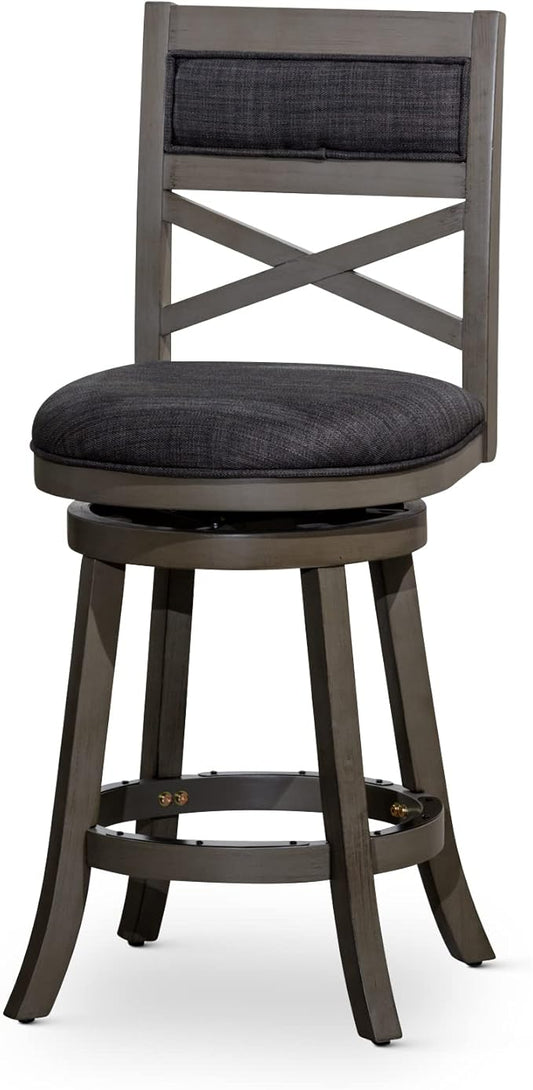 DTY Indoor Living Meeker 24 Inch Counter Height Bar Stools with Backs - Wooden Swivel Counter Stools for Kitchen Island - Charcoal Fabric Seat, Solid Wood Frame, Weathered Gray Finish