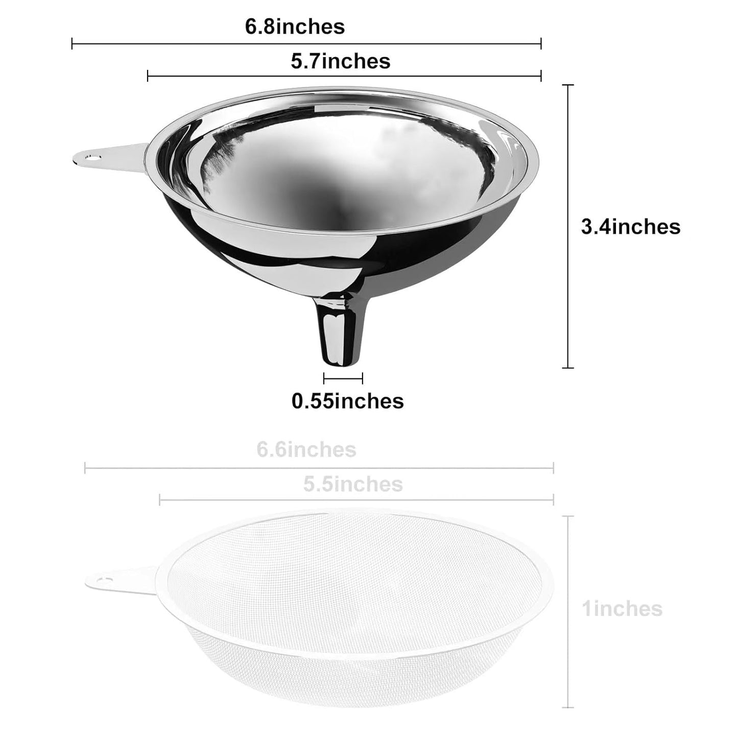 Stainless Steel Large Funnel (5.7"" X 0.55"" Mouth), Metal Funnel for Bottle Filling, Food Funnel for Oil, Juice, Wine, Coffee, Honey, Milk（Without Filter）