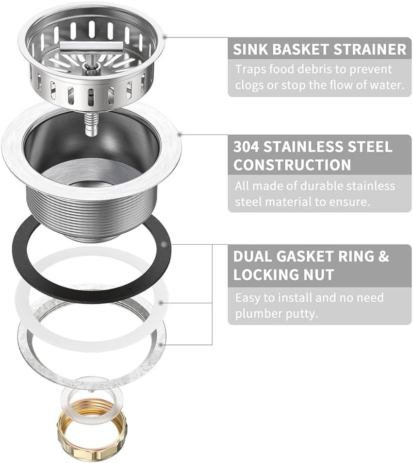 KONE Kitchen Sink Drain Sink Strainer 3-1/2 Inch Drain Assembly Kit Replacement for Universal 3.5 Inch Kitchen Sink, All Stainless Steel Body with Strainer Basket and Drain Stopper (Stainless)