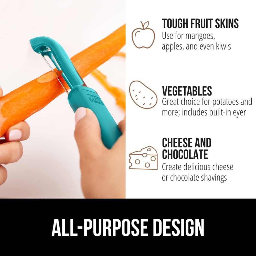 GORILLA GRIP Patented BPA-Free Sharp Stainless Steel Swivel Vegetable Peeler, Comfortable Handle Potato Peelers, Smooth Peeling, Peel Carrots Apple, Includes Blade Cover, Kitchen Tool, Turquoise