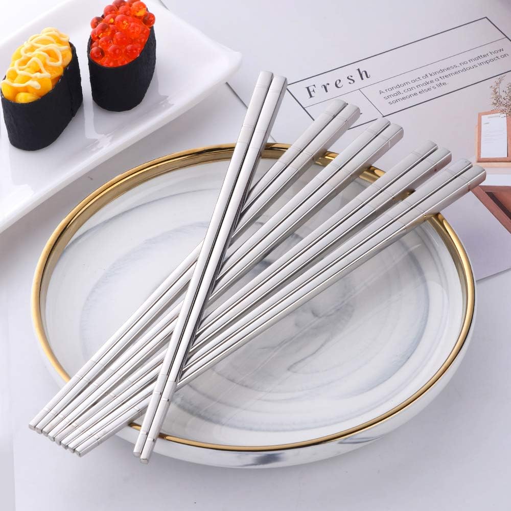 Buyer Star 5-pair Stainless Steel Chopsticks - Silver Metal Reusable Chinese Square Chopsticks