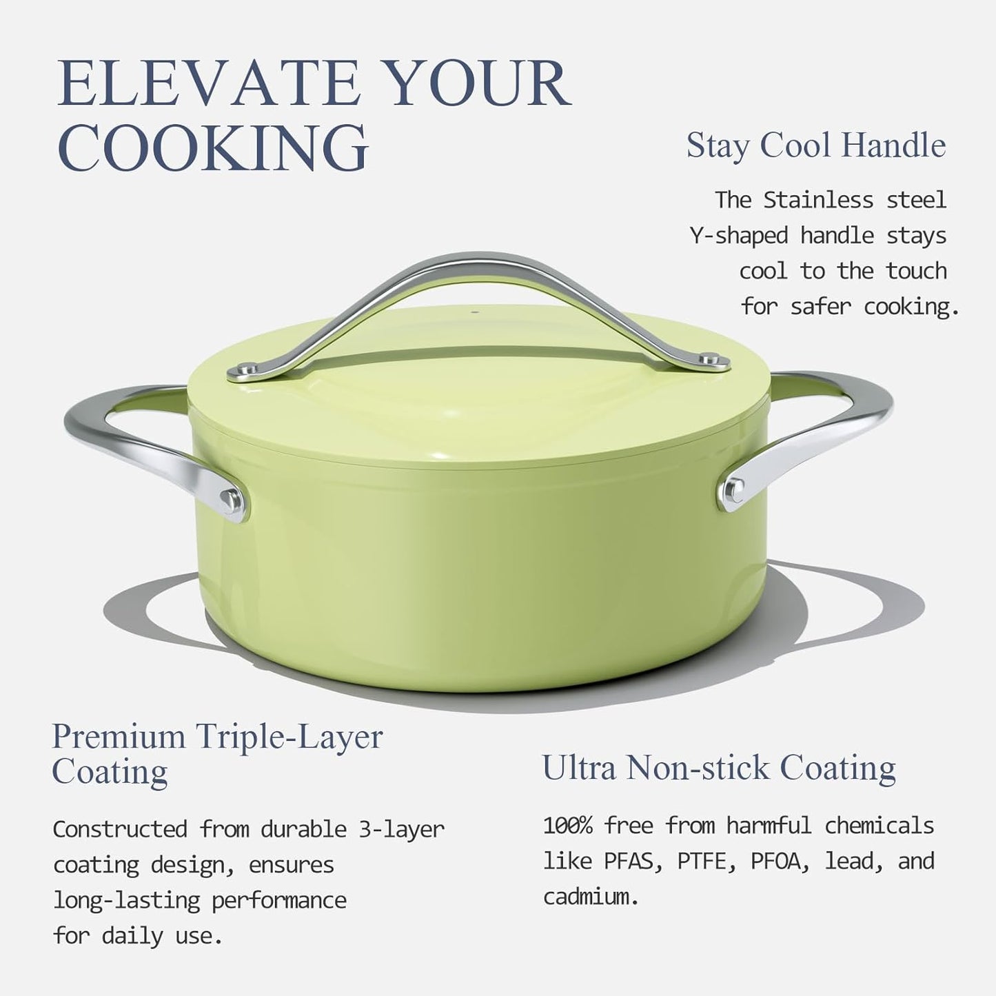 Stock Pot 4.5qt Dutch Oven with Lid (9.5") Nonstick Ceramic Coated Non-Toxic PFAS-Free Even Heat Distribution for Braising, Baking Bread & Soups, Compatible for All Cooktops(Induction/Gas/Electric) Oven Safe to 500°F (Avocado Green)