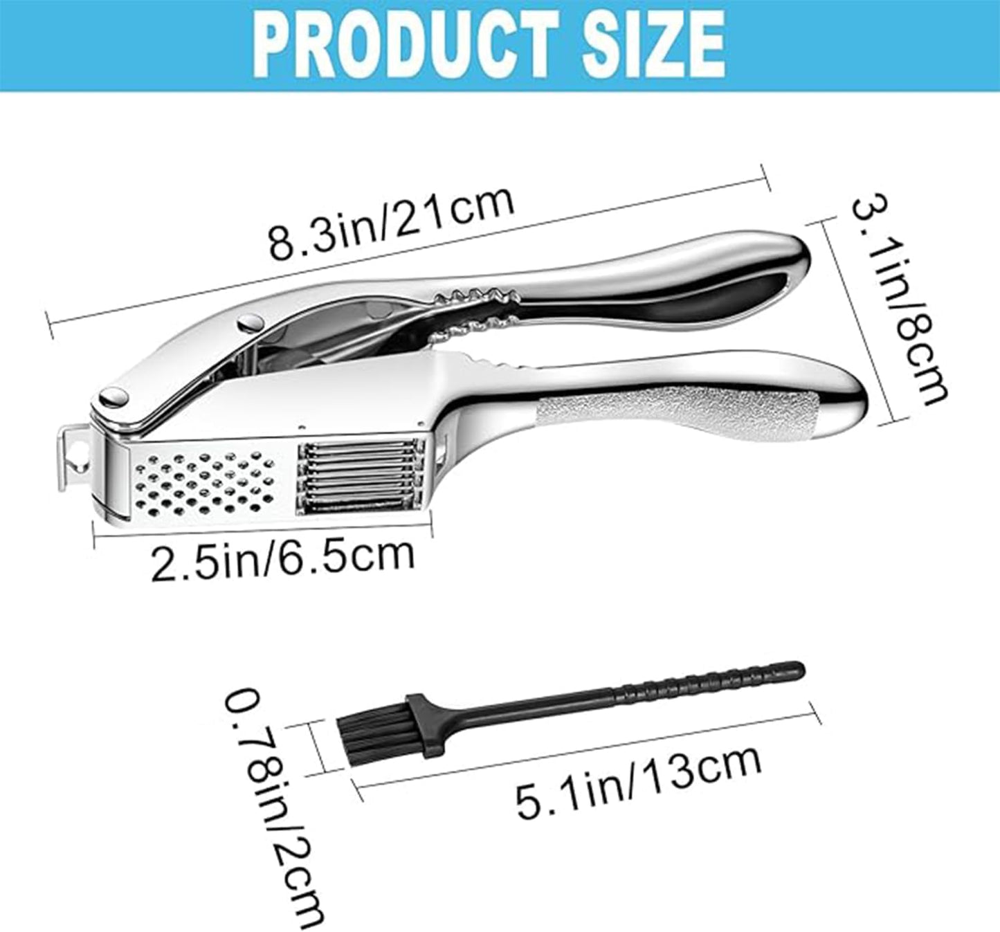 Garlic Press and Slicer 2 in 1, Rust Proof & Dishwasher Safe Professional Garlic Mincer Tool, Effortlessly Crush and Mince Garlic with this Ergonomic Handle-Garlic Peeler & Brush ANCQMI(Silver)