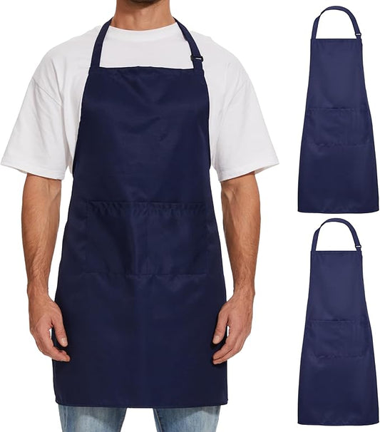 Will Well Kitchen Apron for Men and Women - 33" x 27" Oil-and-Water-Resistant with Adjustable Neck Strap and 38" Waist Ties for a Snug Fit, Lightweight with 2 Front Pockets - 2-Pack, Navy
