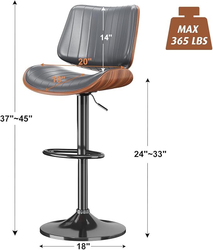 Swivel Bar Stools Set of 3, Adjustable Bentwood Barstools for Kitchen Counter, Modern PU Leather Upholstered Bar Chair with Back and Footrest, for Kitchen Island, Bar, Dining Room, Gray