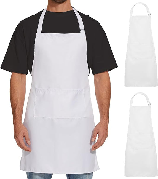 Will Well Kitchen Apron for Men and Women - 33" x 27" Oil-and-Water-Resistant with Adjustable Neck Strap and 38" Waist Ties for a Snug Fit, Lightweight with 2 Front Pockets - 2-Pack, White