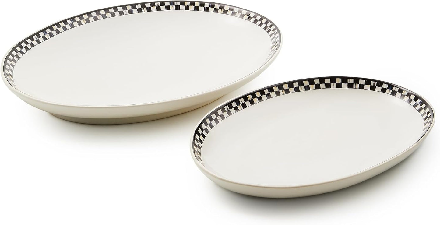 MACKENZIE-CHILDS Set of 2 Everyday Oval Platters, Dishwasher-Safe and Microwave-Safe, Black-and-White Courtly Check