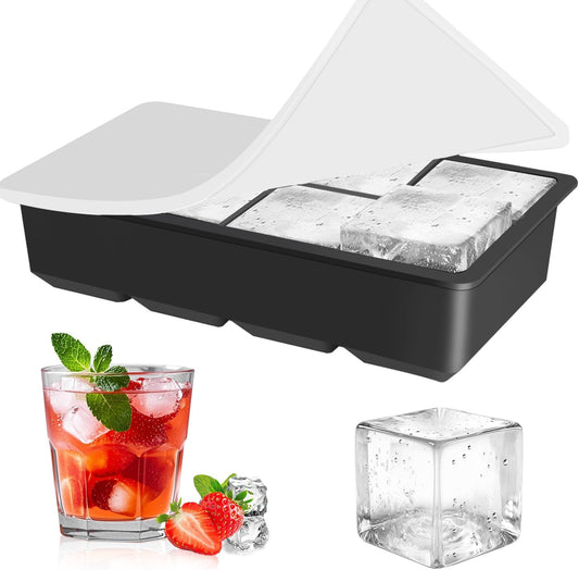 Silicone Ice Cube Tray with Lid, Make 2" Big Square Ice Cubes, Large Whiskey Ice Cube Mold, Ice Cubes Mold for Cocktails & Wine, Soups and Frozen Treats, Without BPA