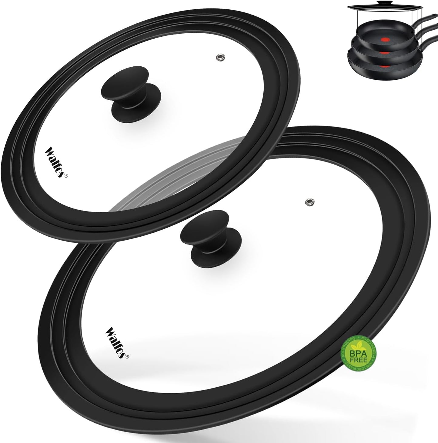 Walfos Universal Lid, Tempered Pan Lid with Heat Resistant Silicone Rim, Fits All 7" to 12" Diameter Cookware, Pots, Pans and Skillets (2Pk)