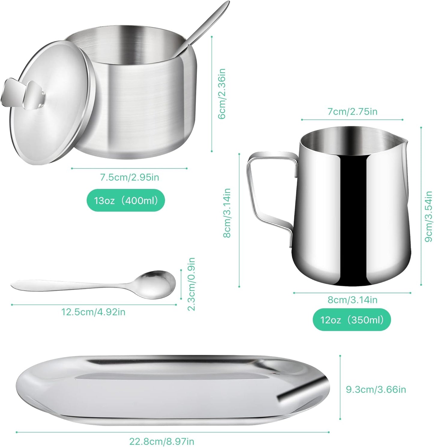 Stainless Steel Sugar and Creamer Set, Coffee Sets for Serving, Latte Milk Cup Cream Jug and Sugar Bowl with Lid Spoon Tray for Coffee Bar