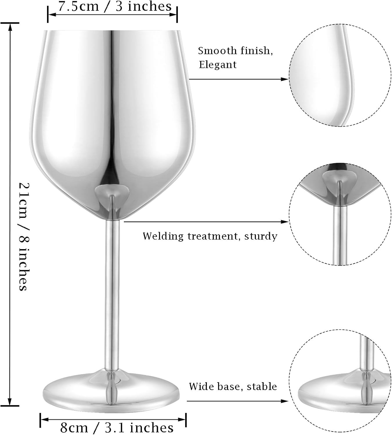 Stainless Steel Wine Glasses Set of 4 Unbreakable Wine Glass 18 oz Unique Metal Wine Goblets for Outdoor, Travel, Camping, Pool, Ideal Gift for Wine Lovers (Mirror-Silver)