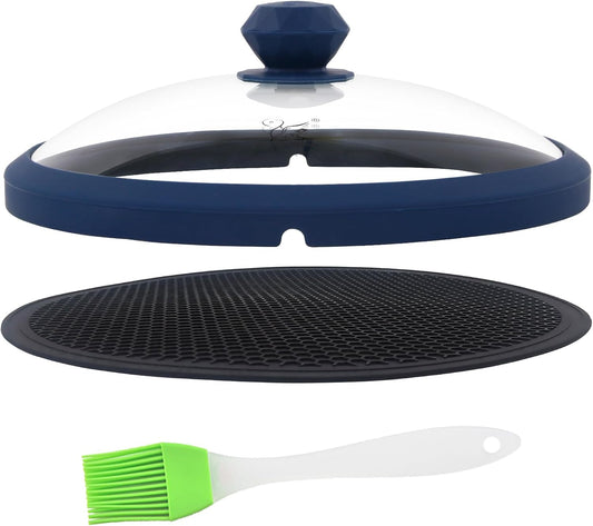 Glass Microwave Cover for Food 10.5 Inch Microwave Splatter Cover With Easy Grip Diamond Shape Handle Microwave Cover Glass Guard Lid Vented Edge Plate Cover for Heating Food (Dark Blue)