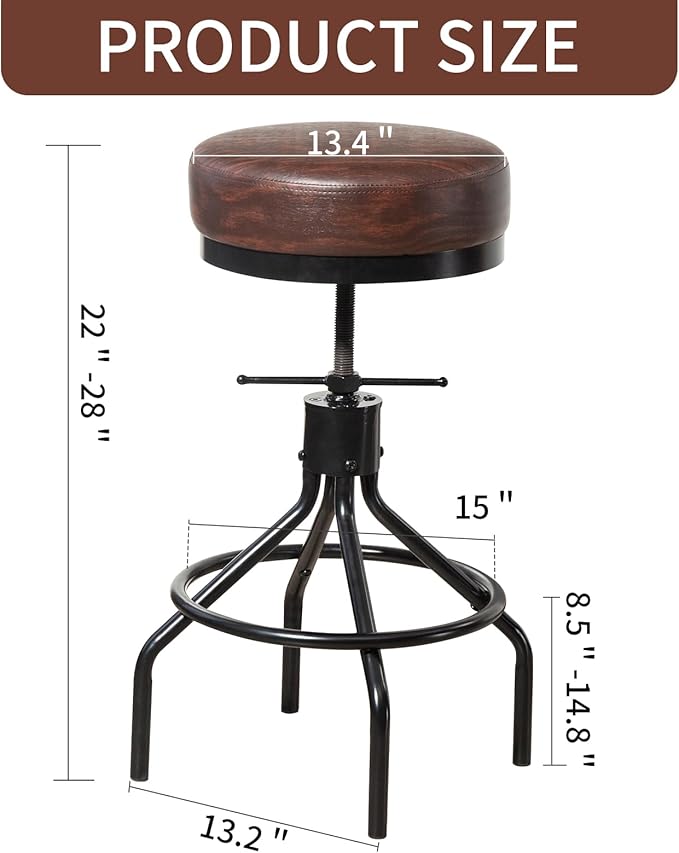 Counter Height Bar Stool Adjustable Swivel Round Barstools Modern PU Leather 28inch Backless Metal Industrial Stool Bar Chair for Kitchen Island (1, Walnut)