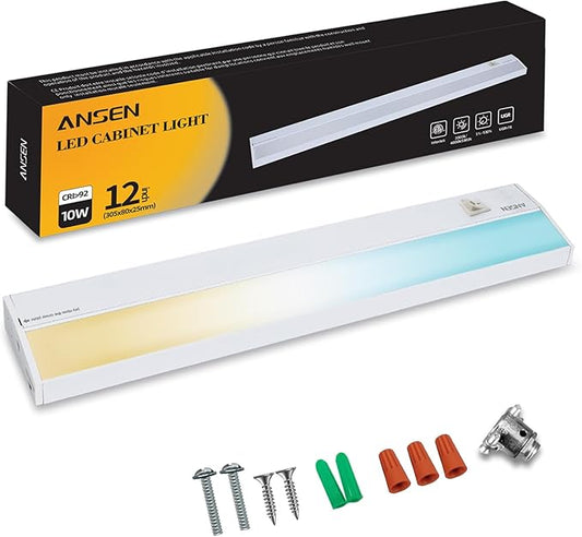 Ansen Hardwired Under Cabinet Lighting, 12in 10W LED Light for Kitchen/Closet, 666.7lm, CRI>92, R9>90, Dimmable, 3 Color Temperature, 3000K/4000K/5000K(Warm White, Cool White, Daylight)
