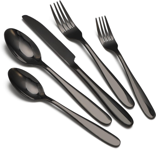40-Piece Black Silverware Set, Flatware Set for 8, Food-Grade Stainless Steel Tableware Cutlery Set, Mirror Finished Utensil Sets for Home Restaurant, Forks Spoons and Knives Set, Dishwasher Safe