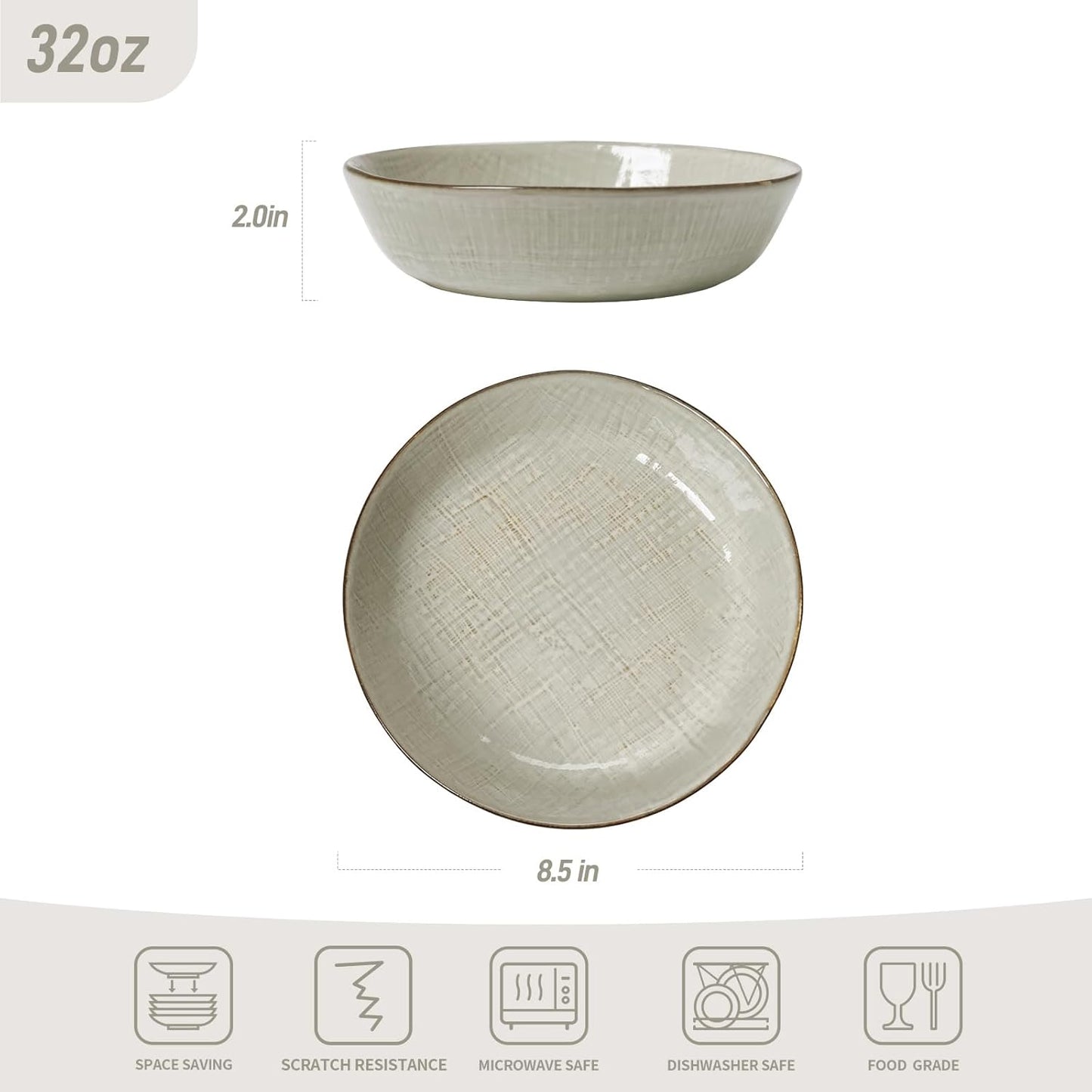 famiware Moonlight 8.5 Inch Pasta Bowls Set of 4, 32oz Serving Bowls for Kitchen, Soup Bowl with Linen Finish, Large Stoneware Bowls for Festivals, Housewarming, Dinnerware, Summer Sand