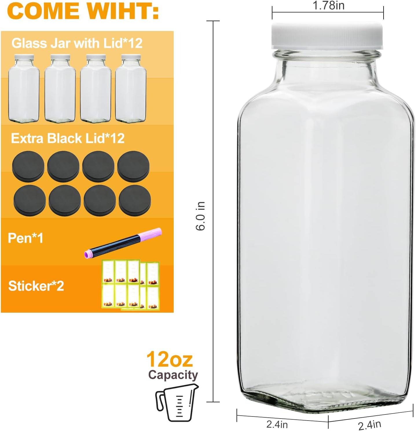 Brajttt Glass Juice Bottles with Lids, 12 OZ Juicing Bottles Reusable Glass, Set of 12 Square Beverage Containers Drinking Jars for Milk,Juice,Tea,Milkshake, Water,Honey,Jam