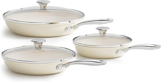 Redchef Nonstick Cookware Sets, Frying Pan Set with Tempered Glass Lids, Ceramic Cookware Set, Stay-Cool Handles, Dishwasher & Oven Safe, Compatible with All Cooktops, Beige (8+9.5+11 Inch)