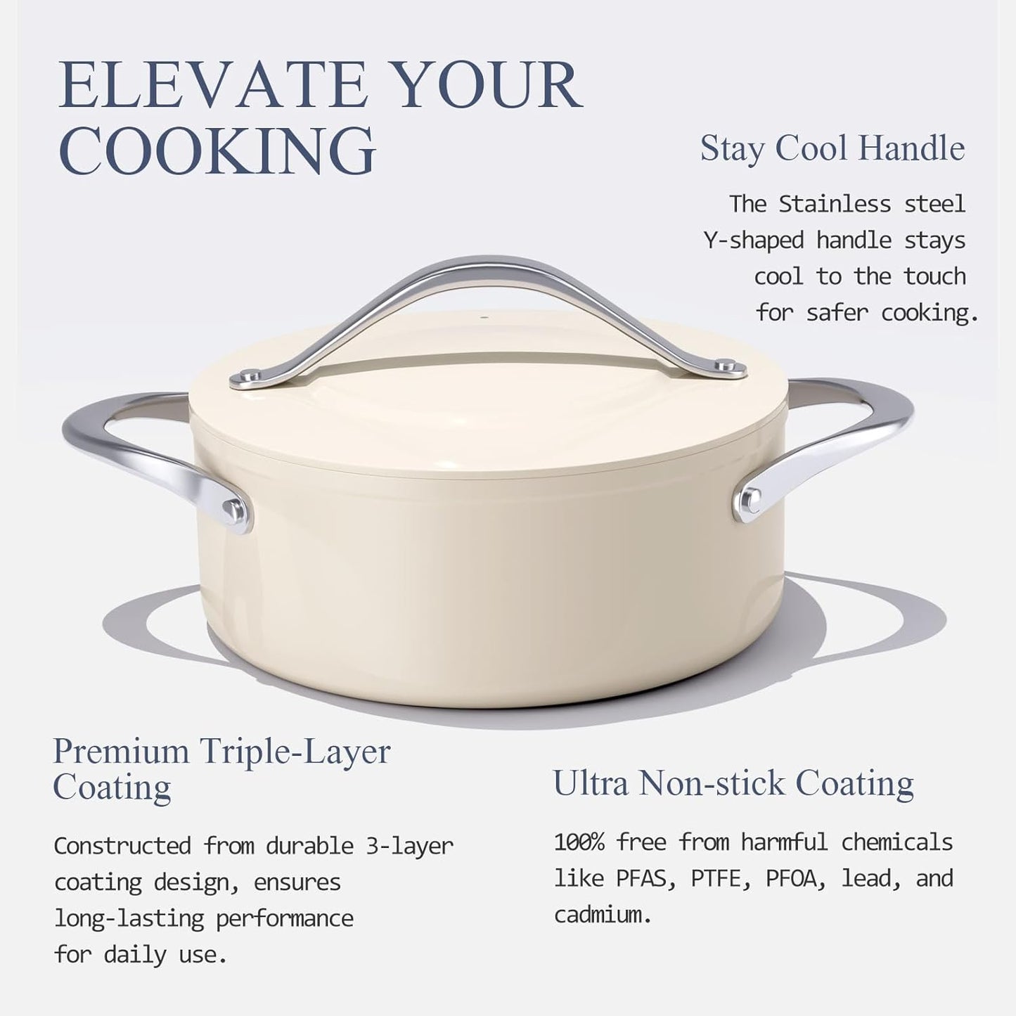 Stock Pot 4.5qt Dutch Oven with Lid (9.5") Nonstick Ceramic Coated Non-Toxic PFAS-Free Even Heat Distribution for Braising, Baking Bread & Soups, Compatible for All Cooktops(Induction/Gas/Electric) Oven Safe to 500°F (Cream)