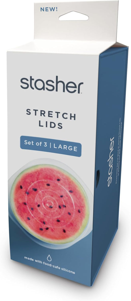 Stasher Premium Reusable Silicone Stretch Lids 3-Pack Box - Large, Clear, 9” Lids, Airtight Seal, Food Container Covers, BPA Free, Leak-free, Dishwasher Safe, Microwave Safe, Eco-Friendly