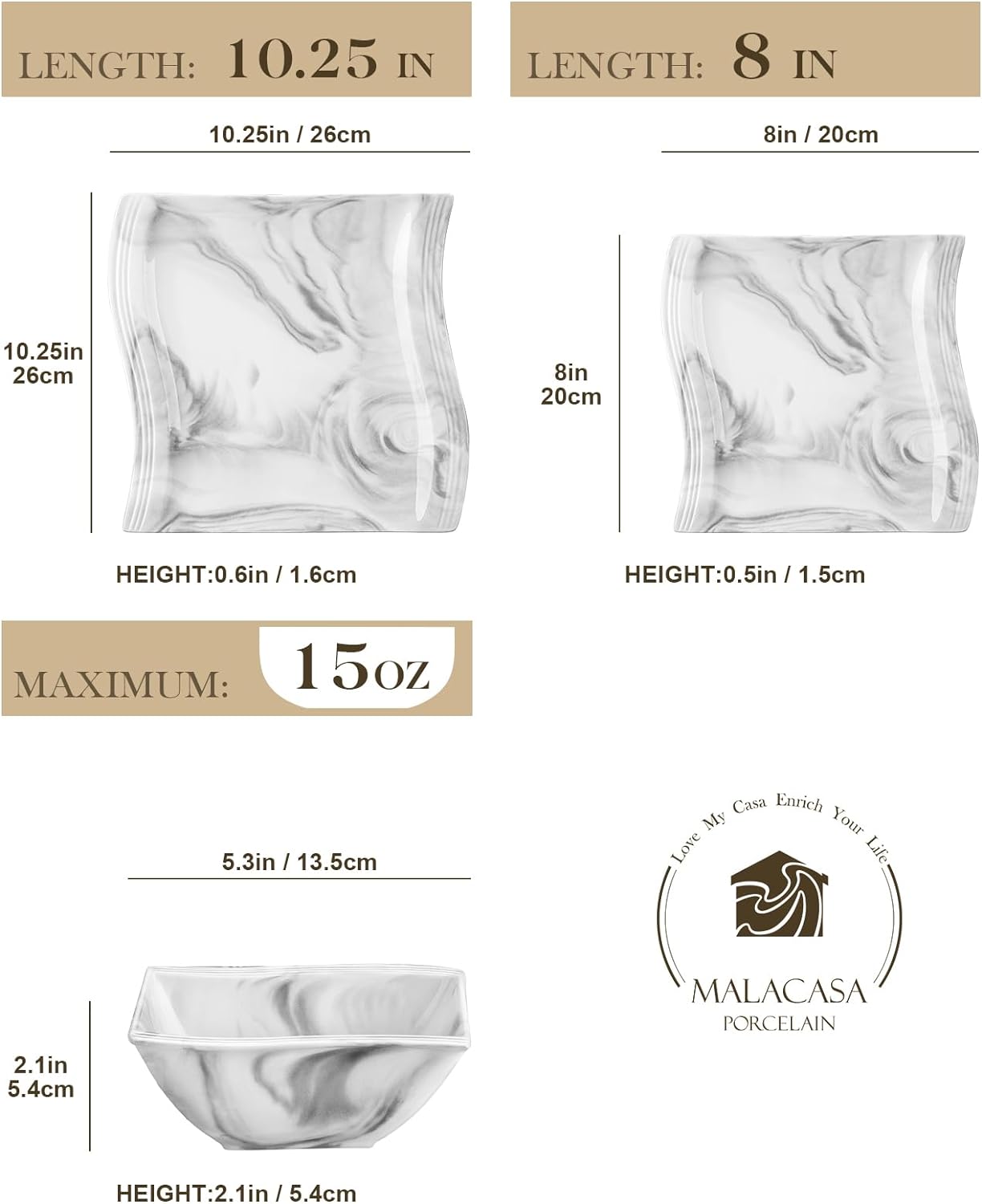 MALACASA Plates and Bowls Sets, 12 Pieces Modern Porcelain Dinnerware Sets for 4, Marble Dishware Set Kitchen Dining Ware Set, Square Ceramic Dish Set, Microwave and Dishwasher Safe, Series Flora