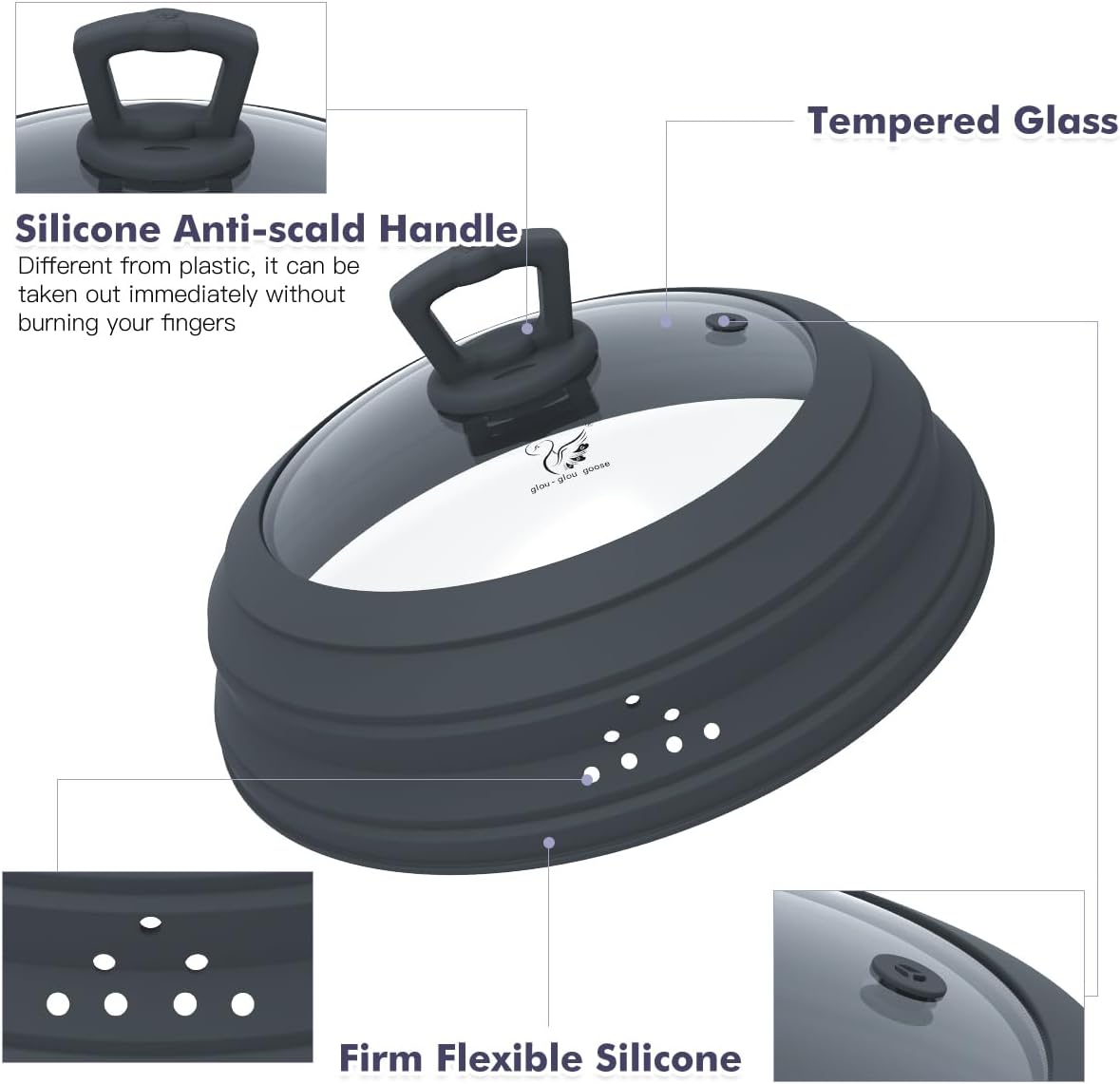 Microwave Splatter Cover Vented Glass Splatter Guard Lid with Collapsible Silicone for Food as Pot Cover Plate 10.8 inch for 6 7 8 9 10 inch Plate Bowl