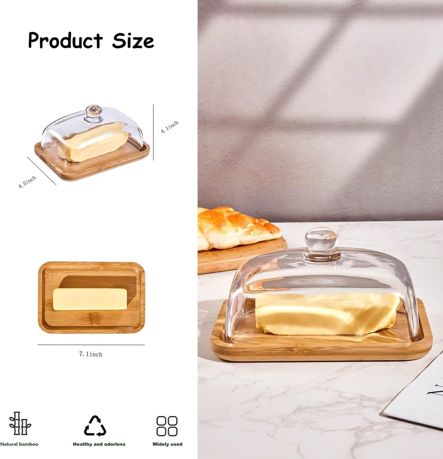 butter dish with lid, glass airtight lid keeps butter soft, for countertop and refrigerator. Widened design to fit all butters. Covered butter dishes with, Made of glass and bamboo.