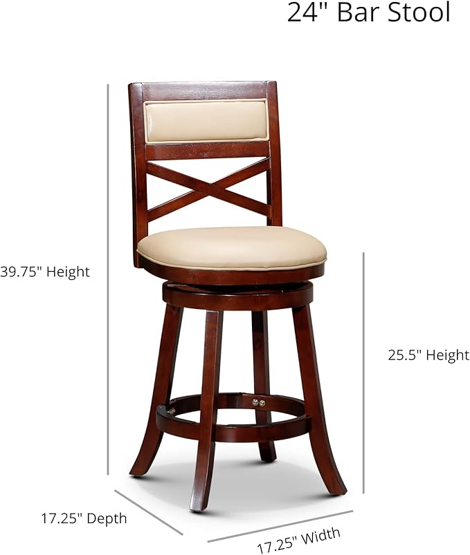 DTY Indoor Living Meeker 24 Inch Counter Height Bar Stools with Backs - Wooden Swivel Counter Stools for Kitchen Island - Bone Leather Seat, Solid Wood Frame, Cherry Finish