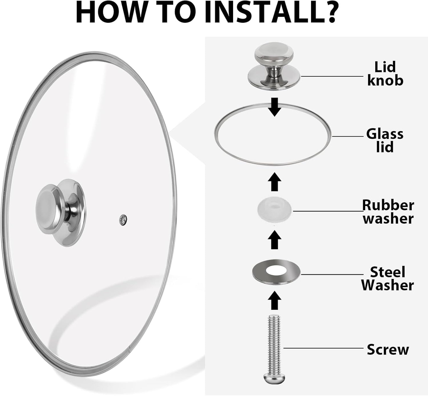 11 inch Tempered Glass Lid for Pots, Frying Pans and Skillets, Replacement Cover with Stainless Steel Knob Handle, Dishwasher Safe