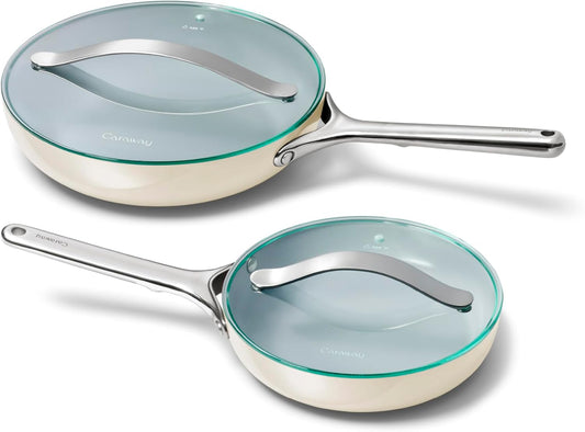 Caraway Ceramic Fry Pan Duo with Glass Lids - Non-Stick Frying Pans (10.5” & 8”) - Non Toxic, PTFE & PFOA Free - Oven Safe & Compatible with All Stovetops – Cream