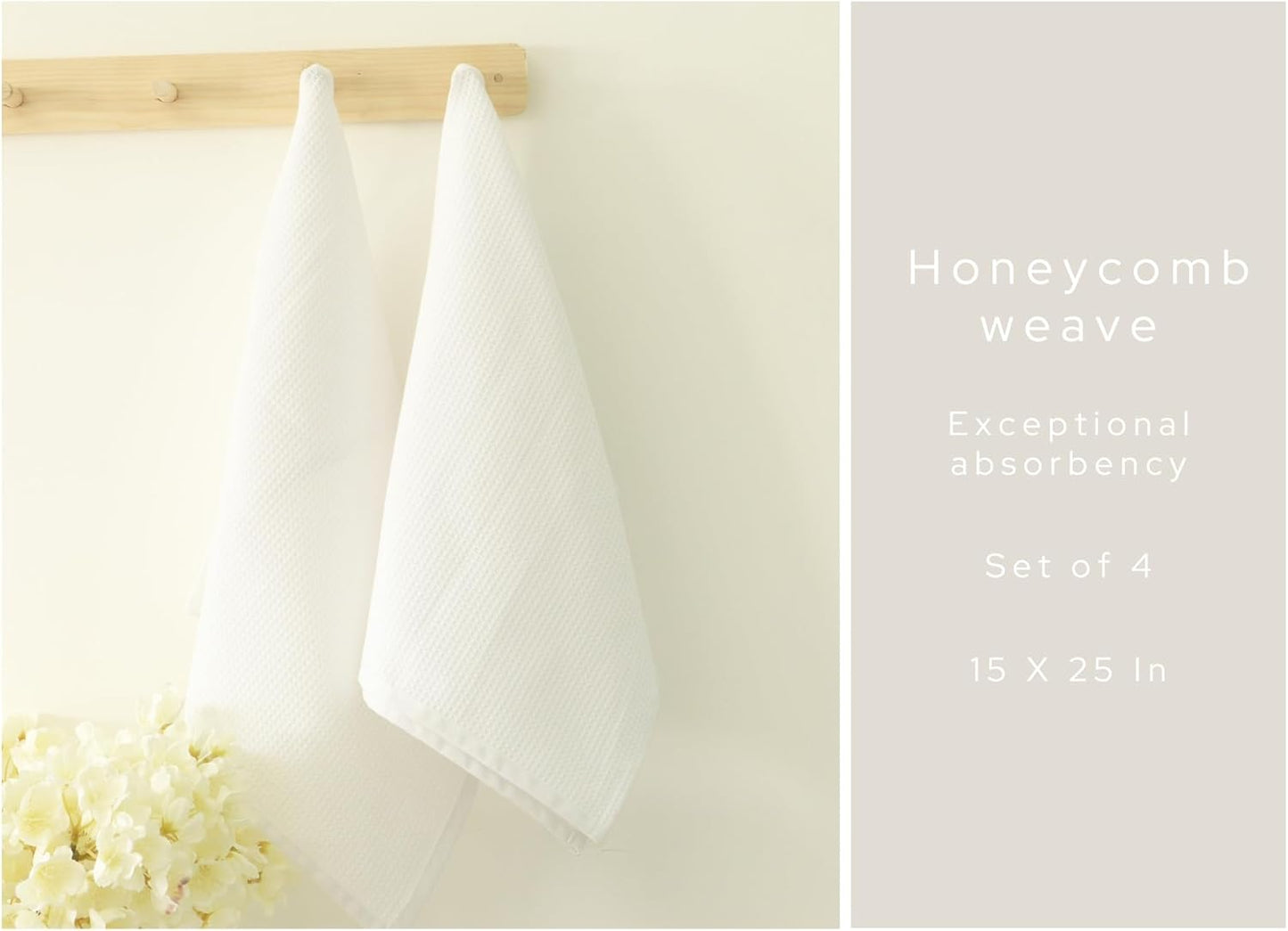 PurpleEssences Waffle Weave Kitchen Towel, 100% Cotton - 15 x 25 Inches, with Hanging Loop Ultra Soft Absorbent Quick Drying Dish Cloth, Tea and Hand Towels, 4 Pack - Spring Summer - White