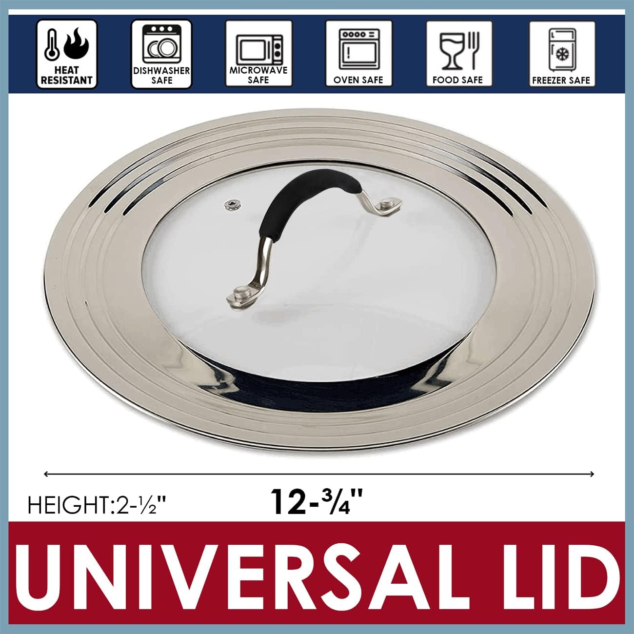 Stainless Steel Universal Lid for Pots, Pans and Skillets - Fits 7" to 12" Pot and Pans - Tempered Glass with Stainless Steel Rim Replacement Frying Pan Cover and Cast Iron Skillet Lid