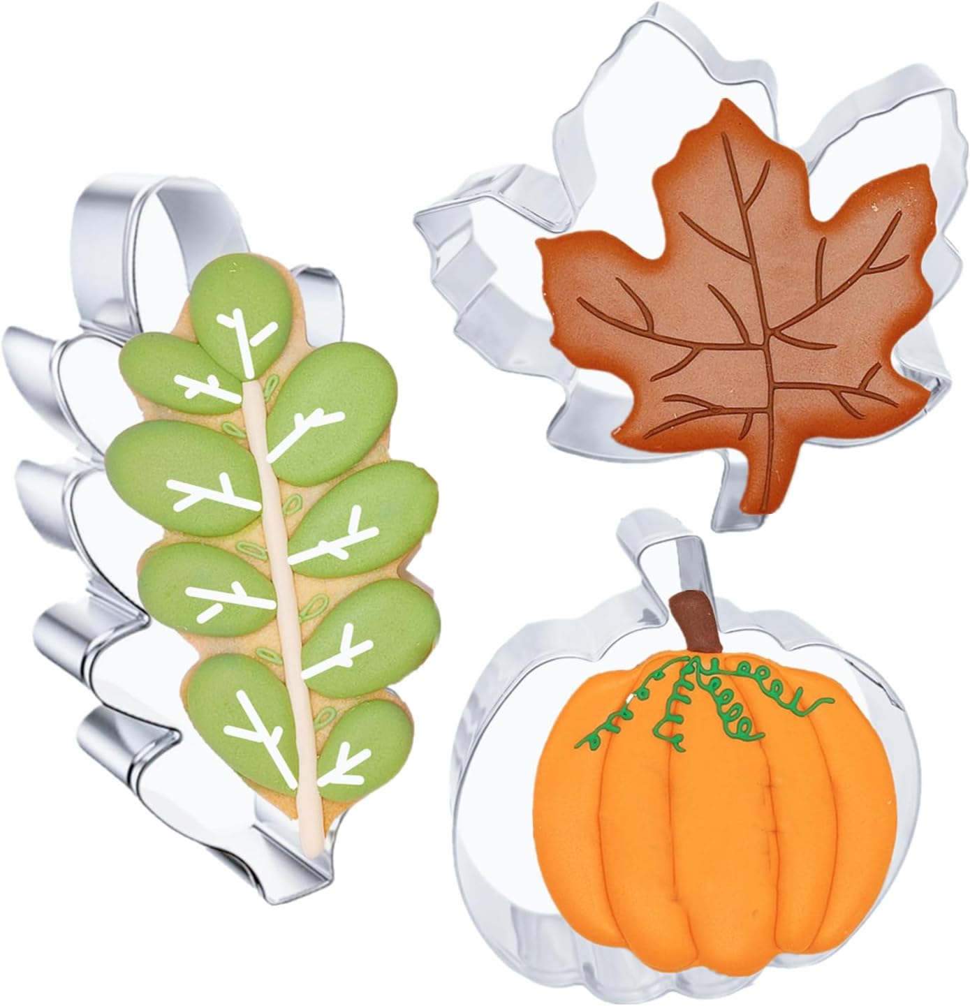 3 Pcs Fall Leaves Cookie Cutters, Large Size 3.2" to 4.5" Thanksgving Cookie Cutter Holiday Themed Shapes of Maple Leaf, Oak Leaf, Pumpkin