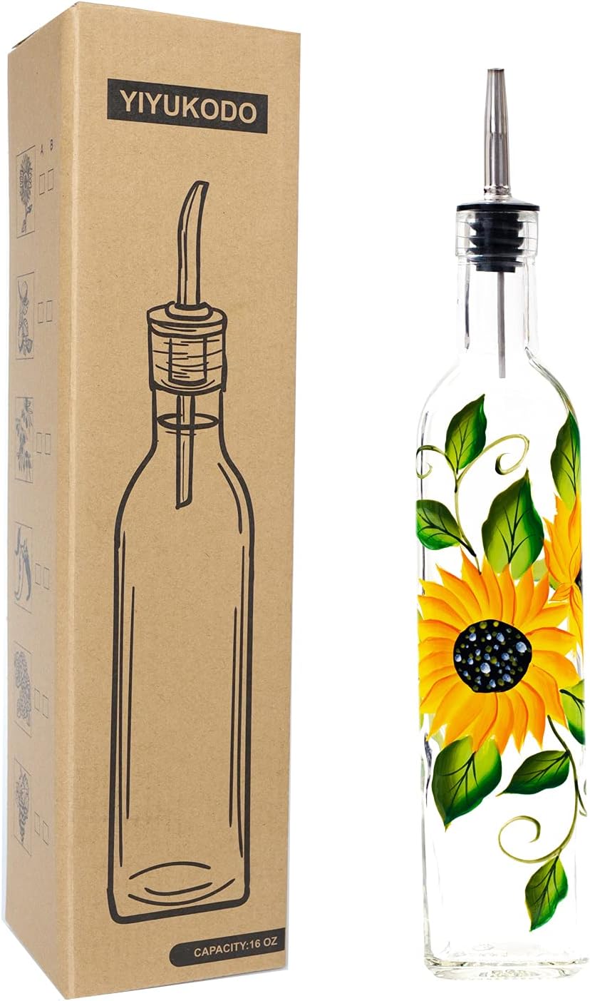 17oz Hand Painted Glass Olive Oil Bottle Dispenser - 500ml Green Oil & Vinegar Cruet with Pourers - Olive Oil Carafe Decanter for Kitchen (sunflower2)