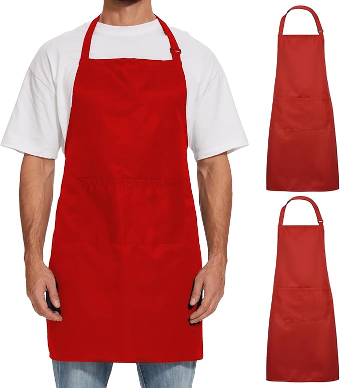 Will Well Kitchen Apron for Men and Women - 33" x 27" Oil-and-Water-Resistant with Adjustable Neck Strap and 38" Waist Ties for a Snug Fit, Lightweight with 2 Front Pockets - 2-Pack, Red