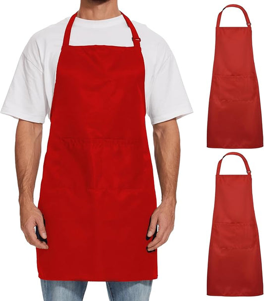 Will Well Kitchen Apron for Men and Women - 33" x 27" Oil-and-Water-Resistant with Adjustable Neck Strap and 38" Waist Ties for a Snug Fit, Lightweight with 2 Front Pockets - 2-Pack, Red