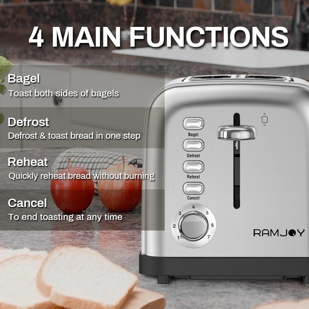 Toaster 2 Slice, Extra Wide Slot Toaster for Bagels, Bread, Waffles, 7 Shade Settings, 4 Main Functions, Removable Crumb Tray, 900 Watts Toasters, Brushed Stainless Steel