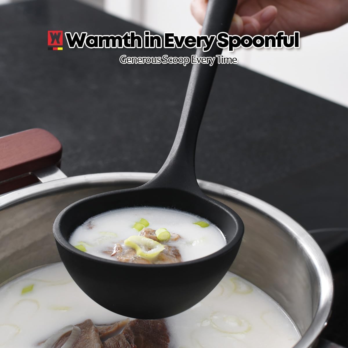 Set of 2pc Silicone Cooking Utensils: Wooden Handle Ladle + Long Head Serving & Cooking Spoon, Heat Resistant, BPA Free, Scratch-Resistant Surface Design