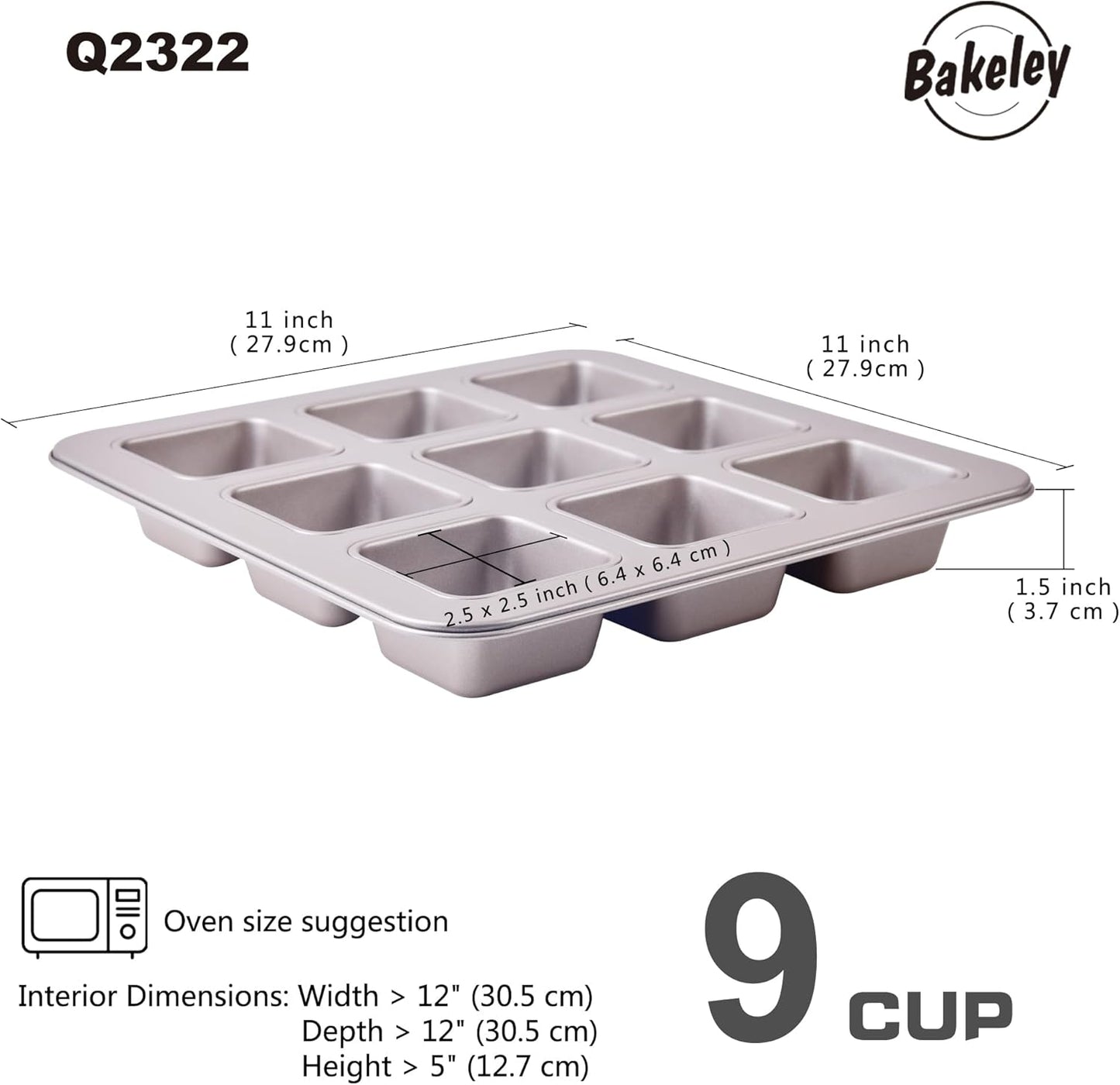 Brownie Cake Pan, 9-Cavity Non-Stick Square Muffin Pan Blondie Bakeware for Oven Baking (Champagne Gold)