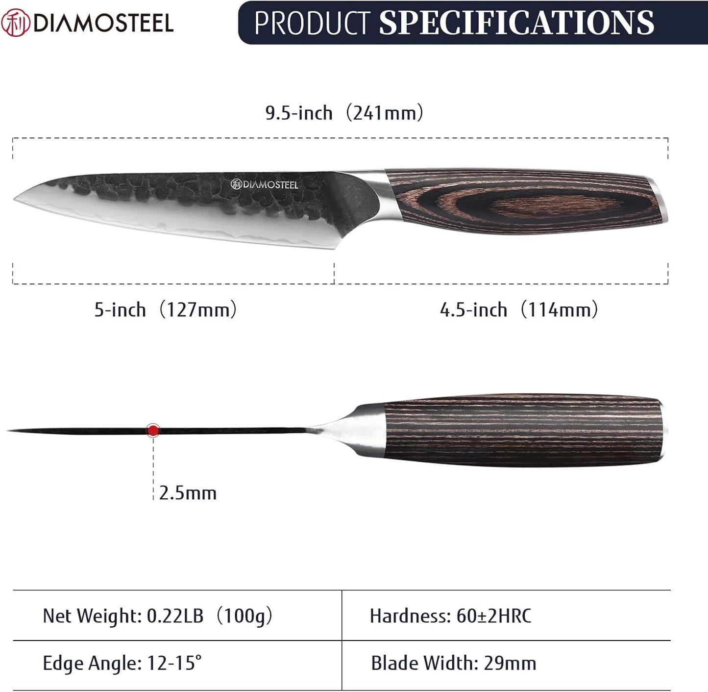 Utility Knife - 5-Inch Professional Kitchen Utility Knife - Hammered Black Oxide Blade Japanese 9CR18MOV High Carbon Stainless Steel - Ergonomic Pakkawood Handle with Present Box