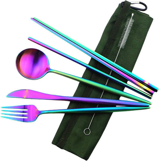 Gugrida Reusable Travel Utensils, 7 Piece Portable 304 Stainless Steel including Knife Fork Spoon Chopsticks Cleaning Brush Straws Portable Pouch, Eco-friendly Camping Silverware Set, Dishwasher Safe