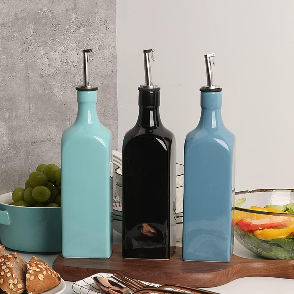 Sweejar 19 Fl Oz Ceramic Olive Oil Dispenser Bottle with Spout, Large Oil Dispenser for Kitchen, Opaque EVOO Oil and Vinegar Cruet for Cooking, Oil Container for Avocado Oil, Pack of 1 (Fog blue)