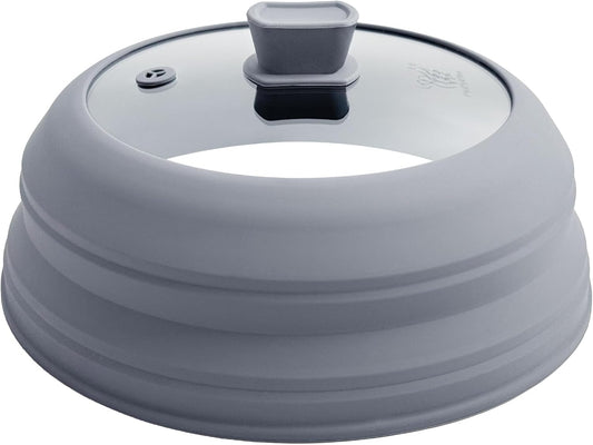 Microwave Splatter Cover for Food Collapsible Glass Microwave Cover Silicone Splatter Guard Dishwasher Safe Splatter Lid for Plates, Bowls, Pots & Stovetop Cooking 11.8" Gray