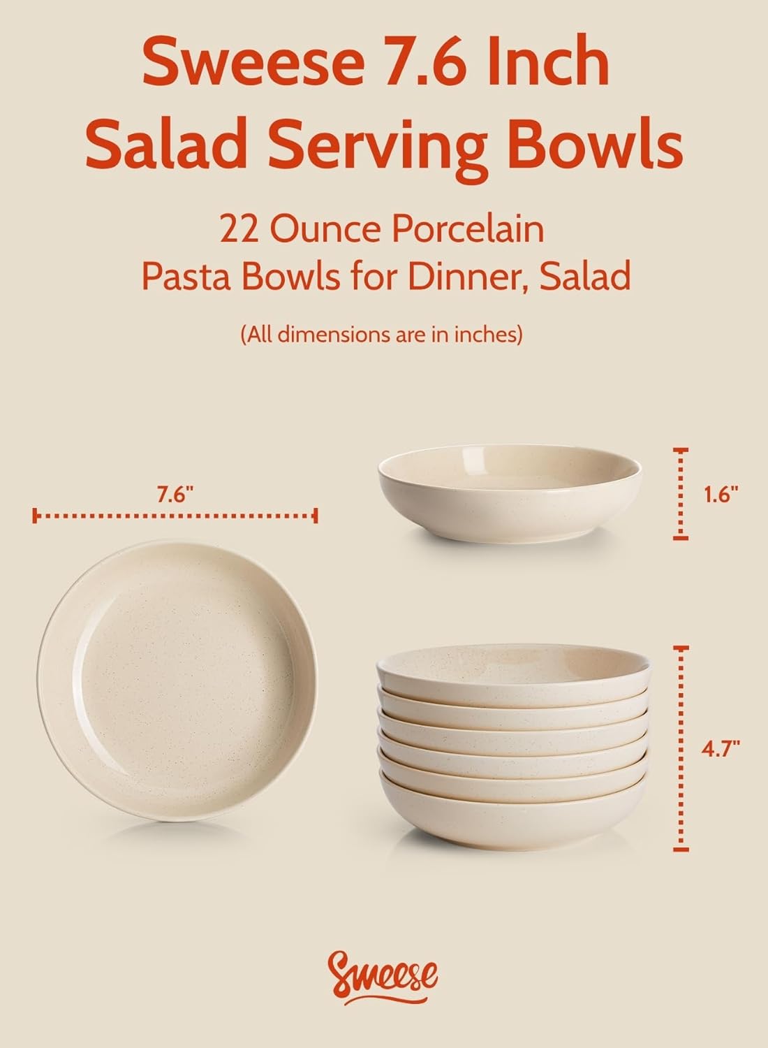 Sweese 22oz Porcelain Salad Serving Bowls Set, Microwave Dishwasher Safe, 7.6 Inch, Beige, 6-Pack